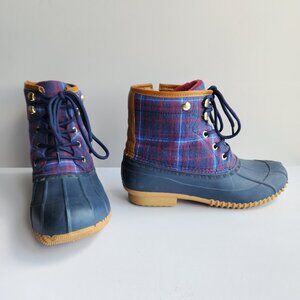 Tommy Hilfiger ROAN Size 9 Navy Plaid Lace Up Duck Boot Faux Fur Lined Rain Boot